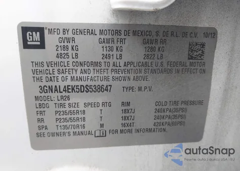 2013 Chevrolet Captiva Sport Ltz z USA, uszkodzony, nr VIN 3GNAL4EK5DS538647